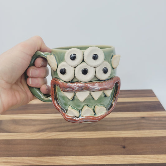 Monster Mug with Eyes | Handmade Pottery Coffee Cups | Funny Spider Creature Face Mug | 16 Oz | Green