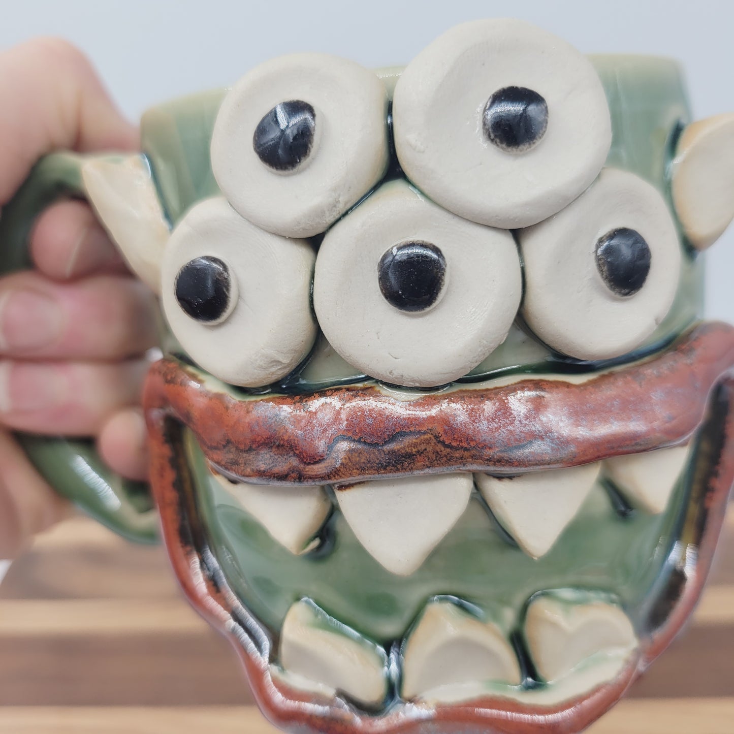Monster Mug with Eyes | Handmade Pottery Coffee Cups | Funny Spider Creature Face Mug | 16 Oz | Green