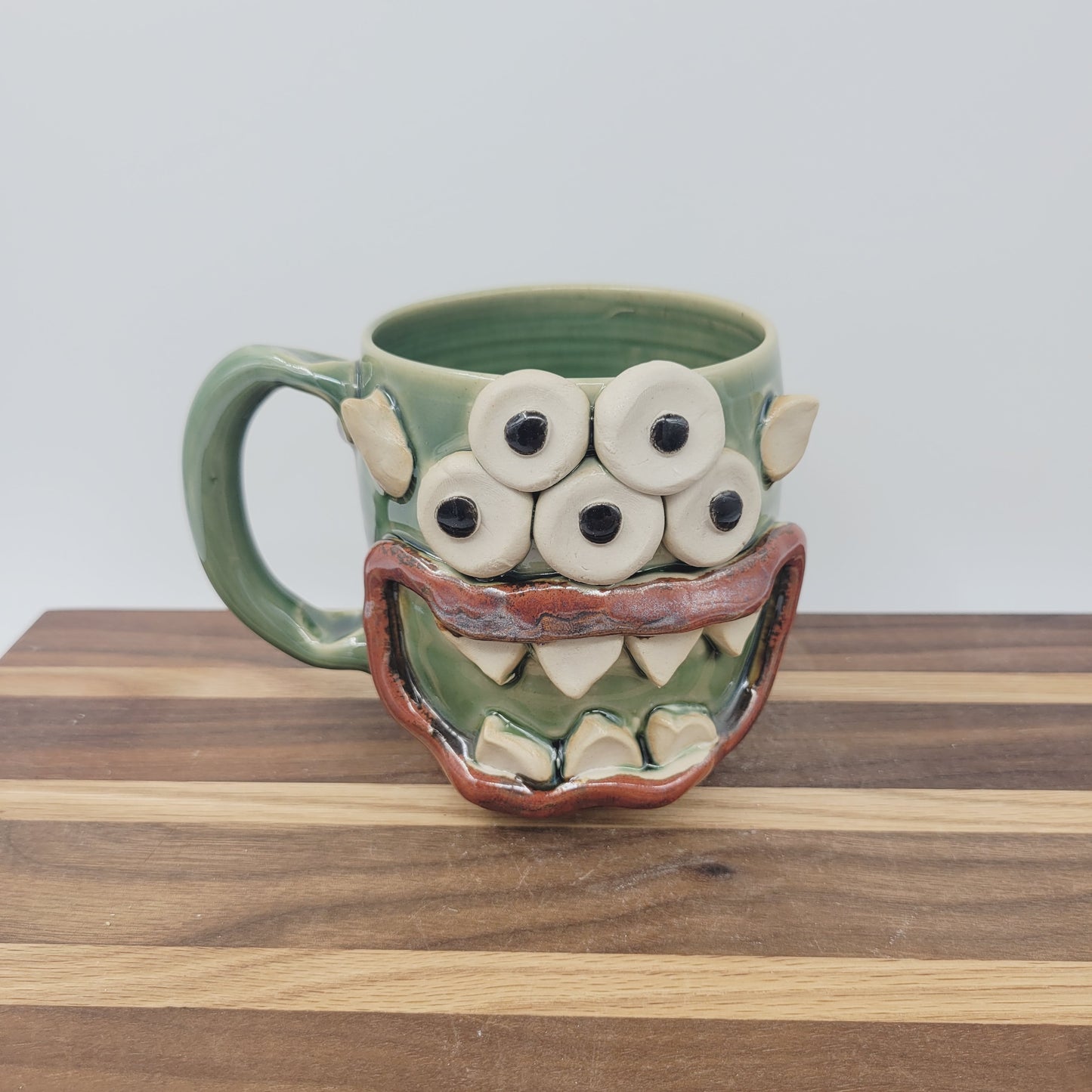 Monster Mug with Eyes | Handmade Pottery Coffee Cups | Funny Spider Creature Face Mug | 16 Oz | Green