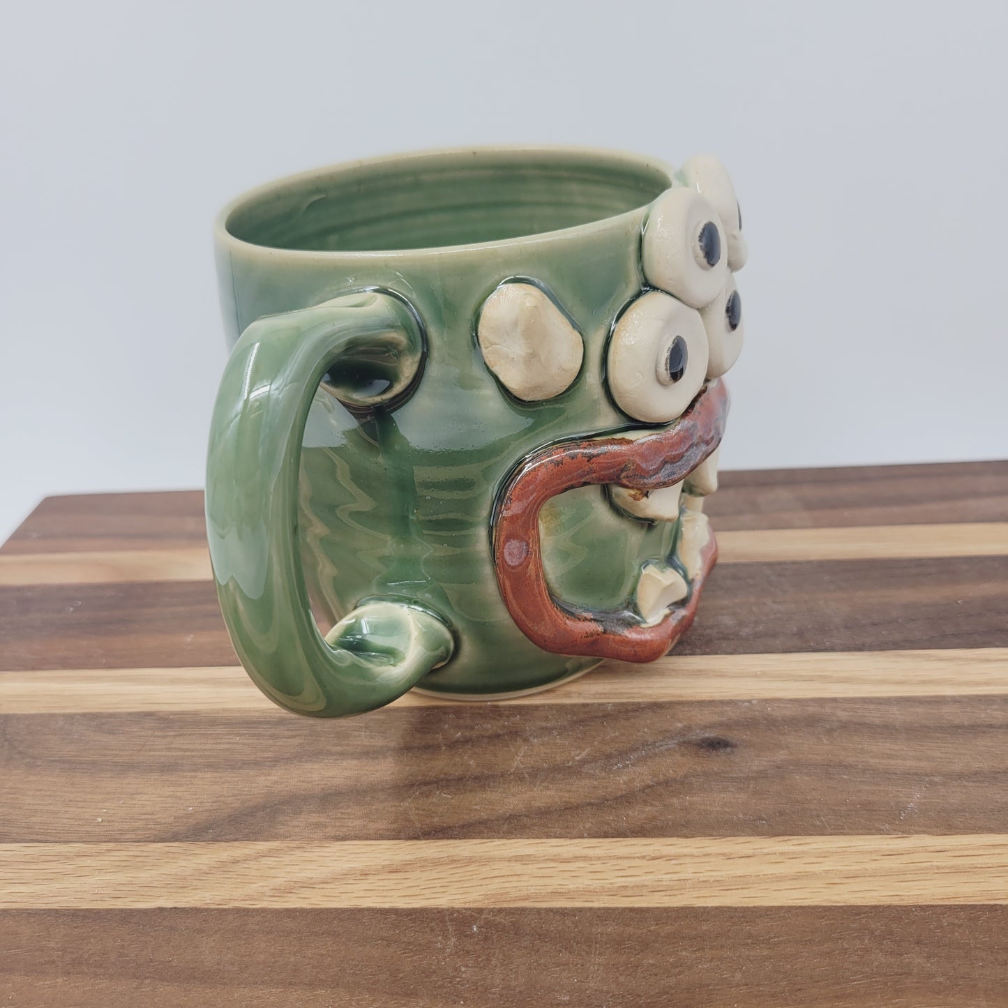 Monster Mug with Eyes | Handmade Pottery Coffee Cups | Funny Spider Creature Face Mug | 16 Oz | Green