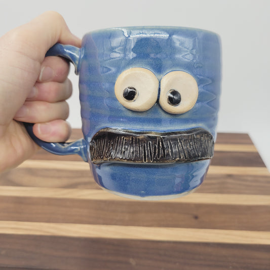 Bushy Mustache Mug | Ceramic Stoneware Pottery Coffee Cup | Microwave Dishwasher Safe | Blue