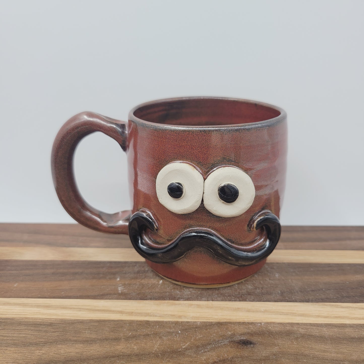 Man's Handlebar Mustache Mug | Ceramic Stoneware Pottery Coffee Cup with Face | Microwave Dishwasher Safe | Rustic Red Brown
