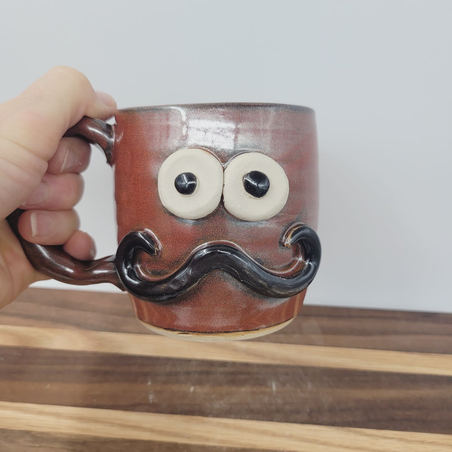 Man's Handlebar Mustache Mug | Ceramic Stoneware Pottery Coffee Cup with Face | Microwave Dishwasher Safe | Rustic Red Brown