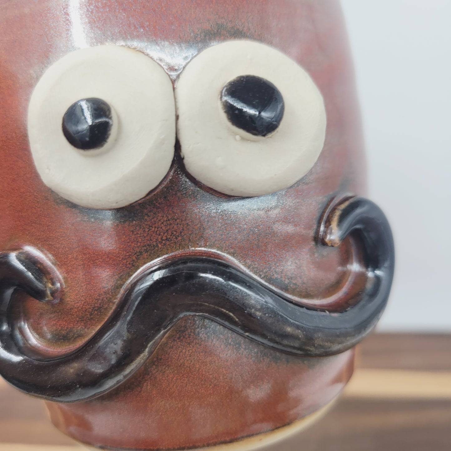 Man's Handlebar Mustache Mug | Ceramic Stoneware Pottery Coffee Cup with Face | Microwave Dishwasher Safe | Rustic Red Brown