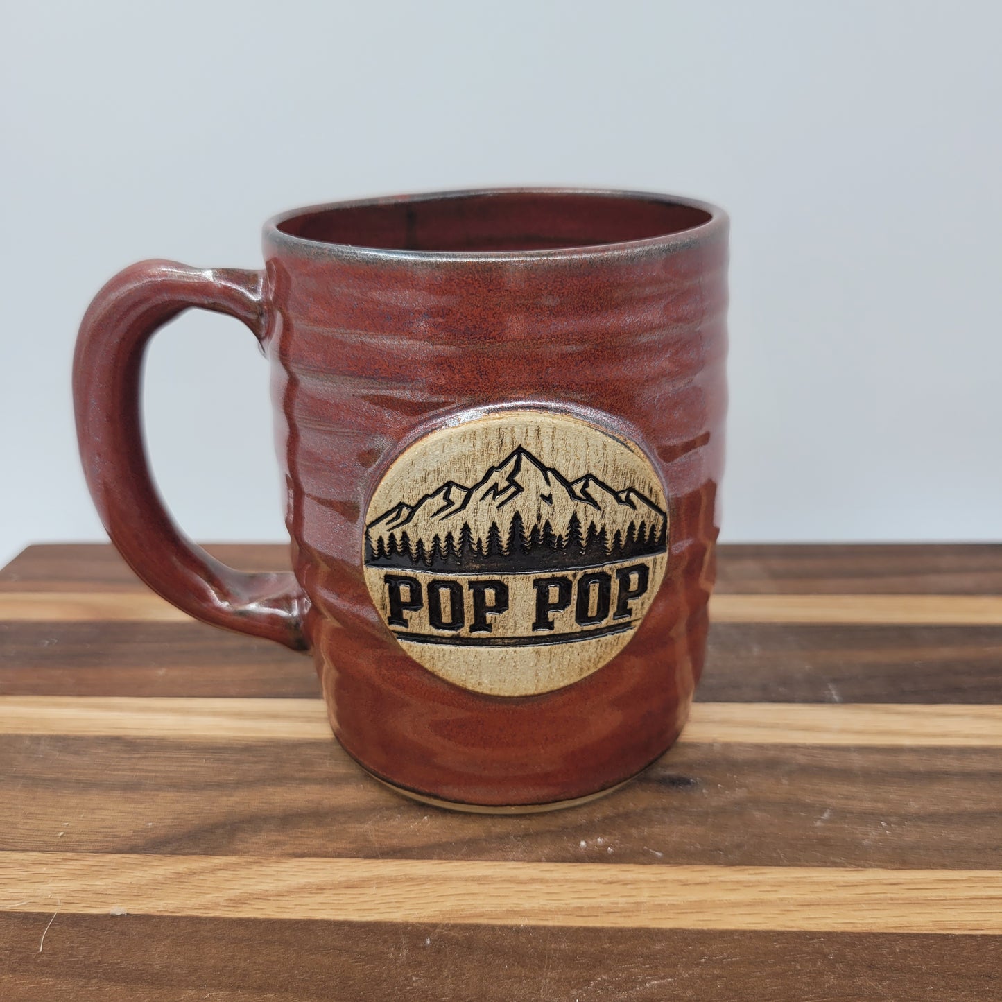 Pop Pop Mug | Handmade Stoneware Pottery | Red | Gifts for Grandparent | Mountain Theme