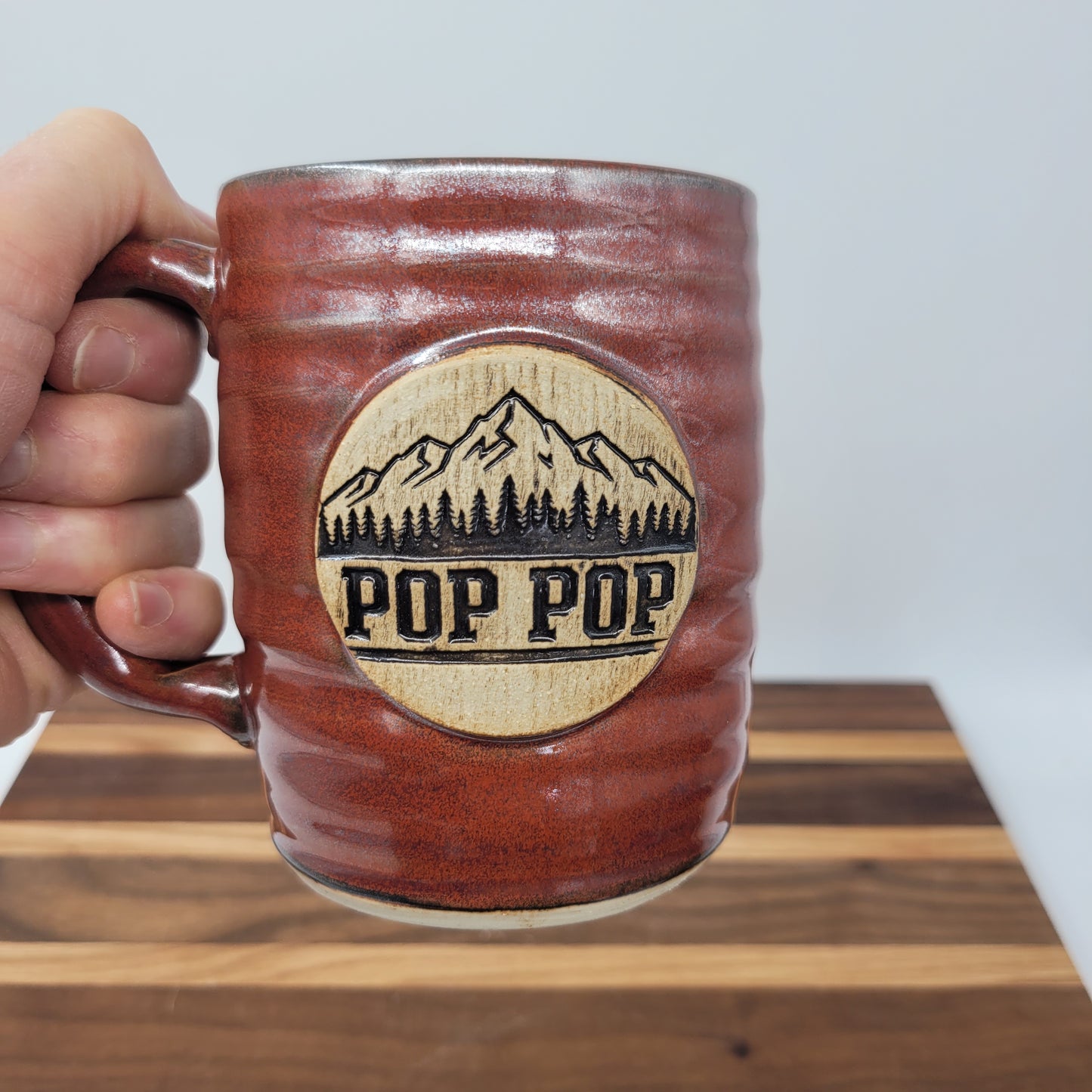 Pop Pop Mug | Handmade Stoneware Pottery | Red | Gifts for Grandparent | Mountain Theme