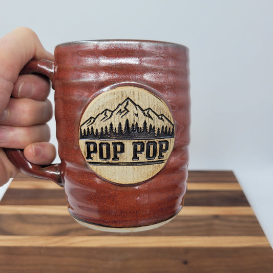 Pop Pop Mug | Handmade Stoneware Pottery | Red | Gifts for Grandparent | Mountain Theme