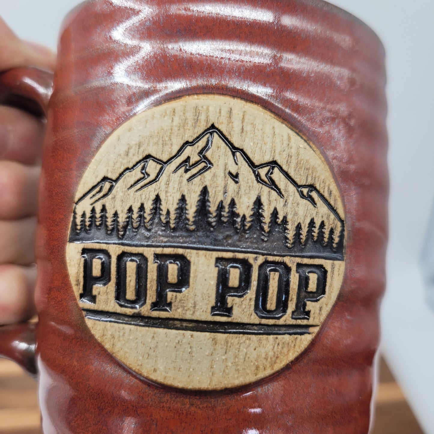 Pop Pop Mug | Handmade Stoneware Pottery | Red | Gifts for Grandparent | Mountain Theme