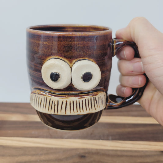 Man's Bushy Mustache Mug | Ceramic Stoneware Pottery Coffee Cup| LEFTY | Chocolate Brown Black | Nelson Studio Ug Chugs