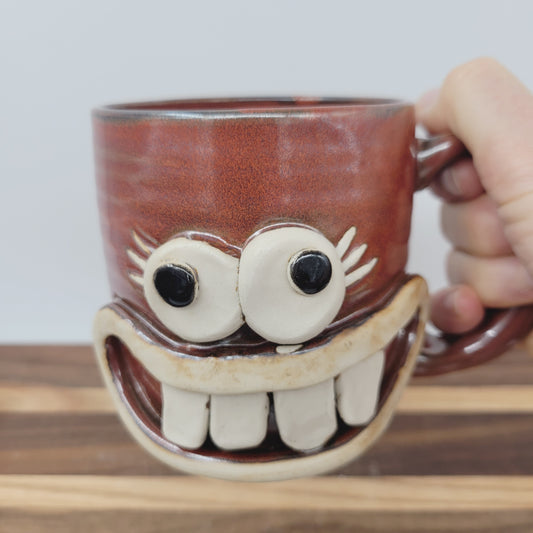Woman's Fun Face Mug | Cheerful Ladies Coffee Cup | Microwave Dishwasher Safe | Rustic Red | Left Handed