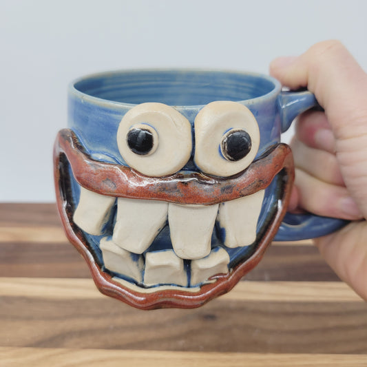 Funny Smiley Face Mug | LEFT-HANDED Handmade Pottery Coffee Cups | Fun Gifts for Men Dad Husband | Ceramic Stoneware | Blue