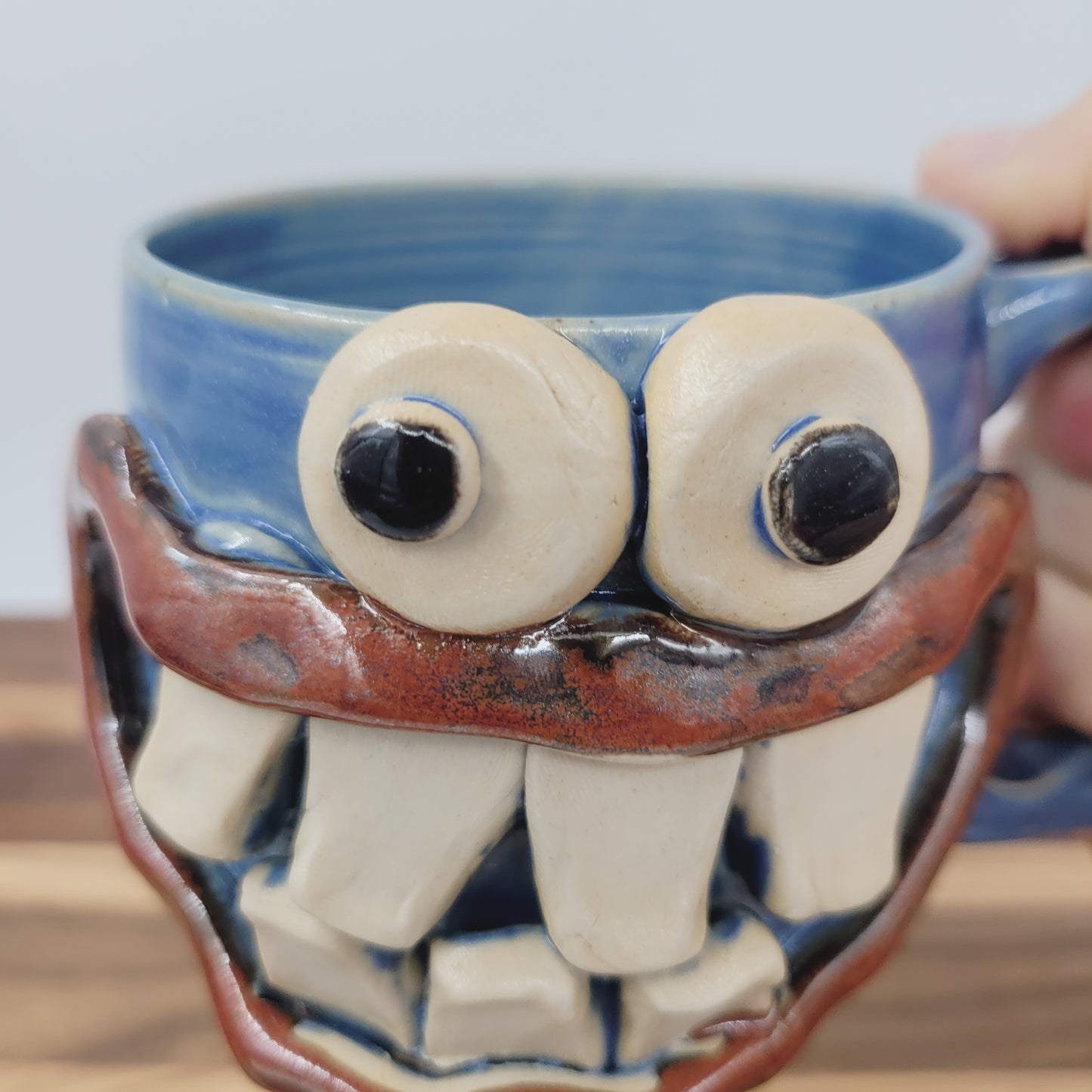 Funny Smiley Face Mug | LEFT-HANDED Handmade Pottery Coffee Cups | Fun Gifts for Men Dad Husband | Ceramic Stoneware | Blue