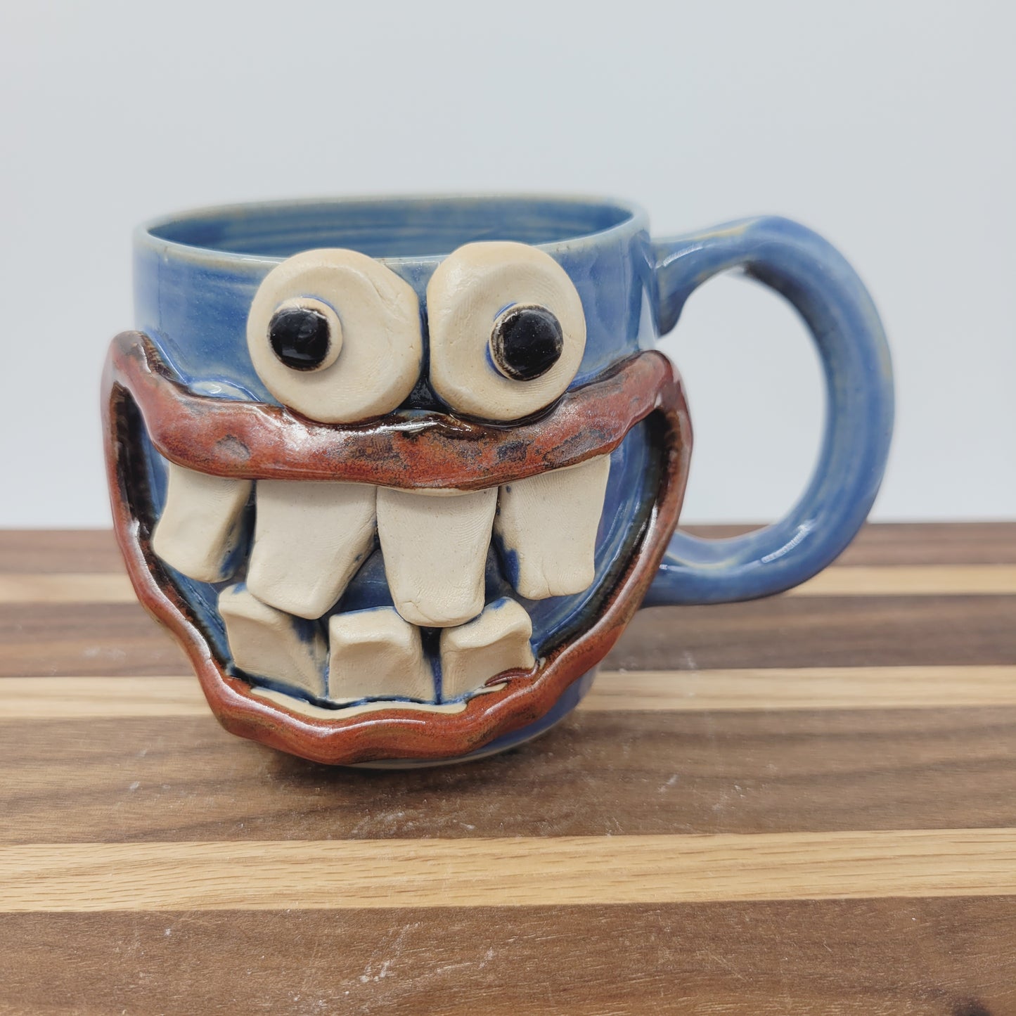Funny Smiley Face Mug | LEFT-HANDED Handmade Pottery Coffee Cups | Fun Gifts for Men Dad Husband | Ceramic Stoneware | Blue