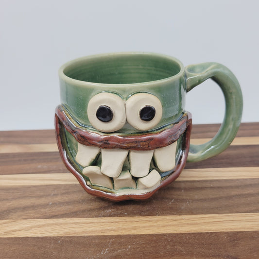 Green Smiley Face Coffee Cup | LEFT HANDED | 10 Ounces | Handmade Stoneware Pottery