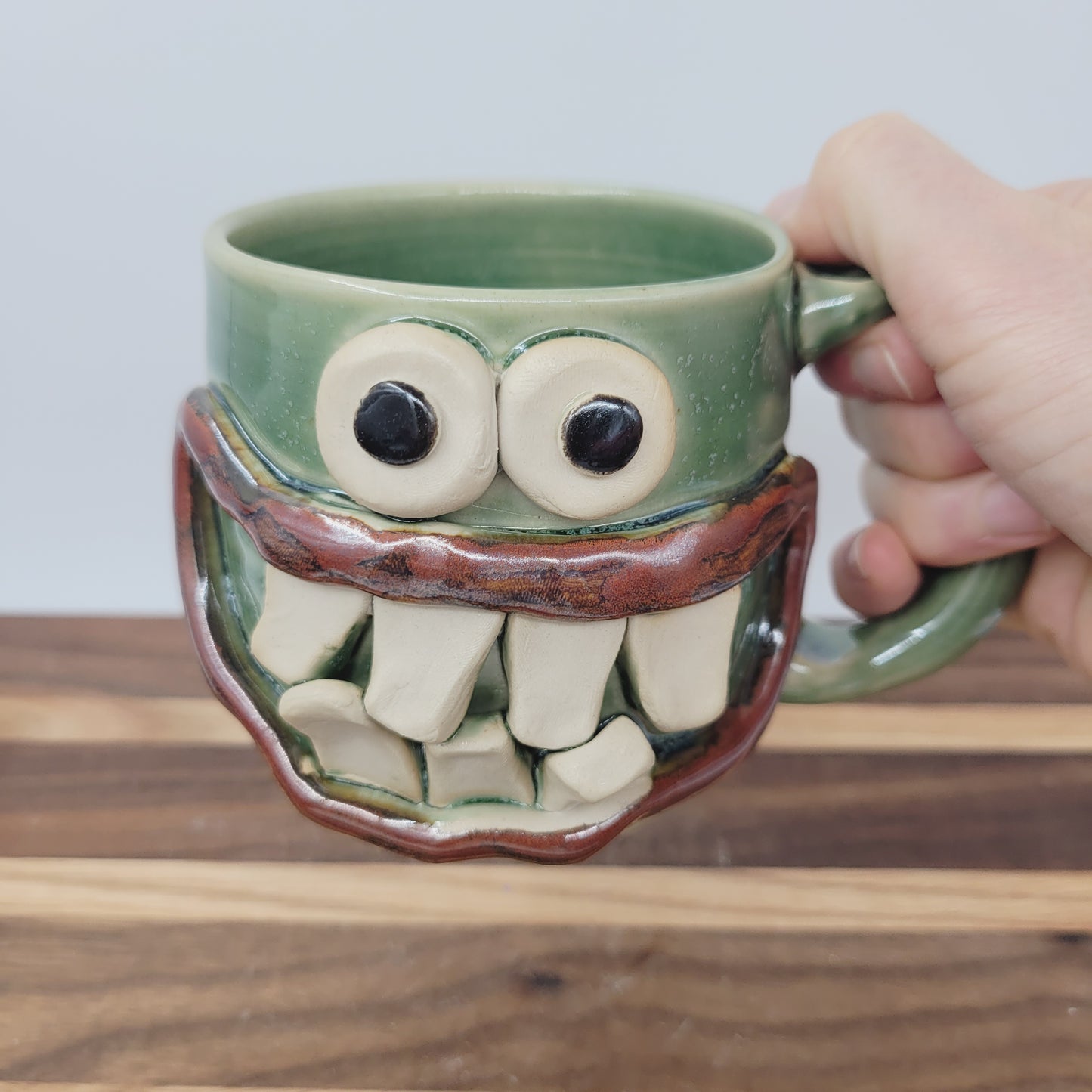 Green Smiley Face Coffee Cup | LEFT HANDED | 10 Ounces | Handmade Stoneware Pottery