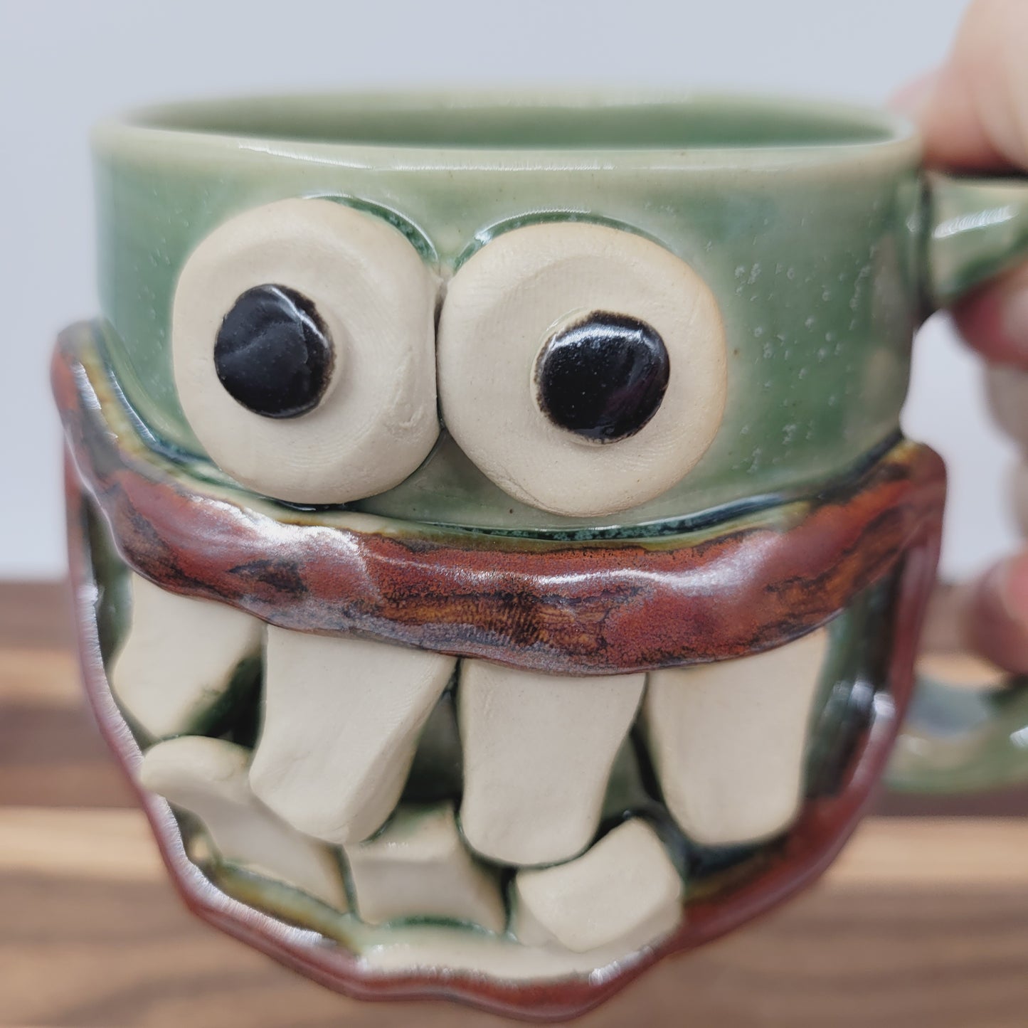 Green Smiley Face Coffee Cup | LEFT HANDED | 10 Ounces | Handmade Stoneware Pottery