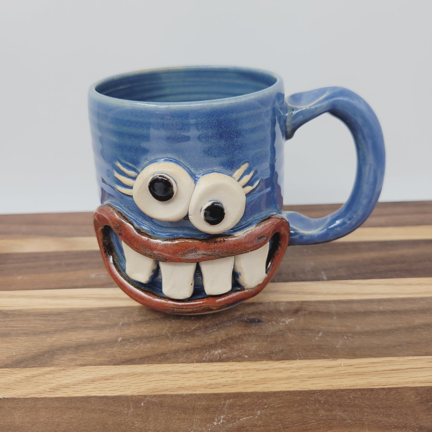 MONDAY Morning Mug | LEFT-HANDED | Funny Face Coffee Cup | Blue | Unique Handmade Stoneware Pottery
