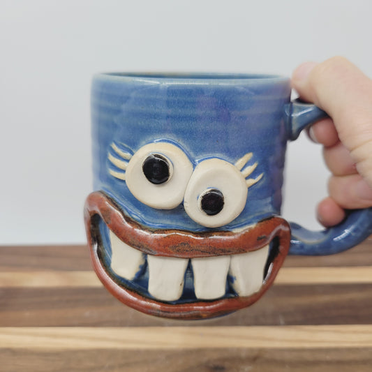 MONDAY Morning Mug | LEFT-HANDED Funny Face Coffee Cup | Blue | Unique Handmade Stoneware Pottery
