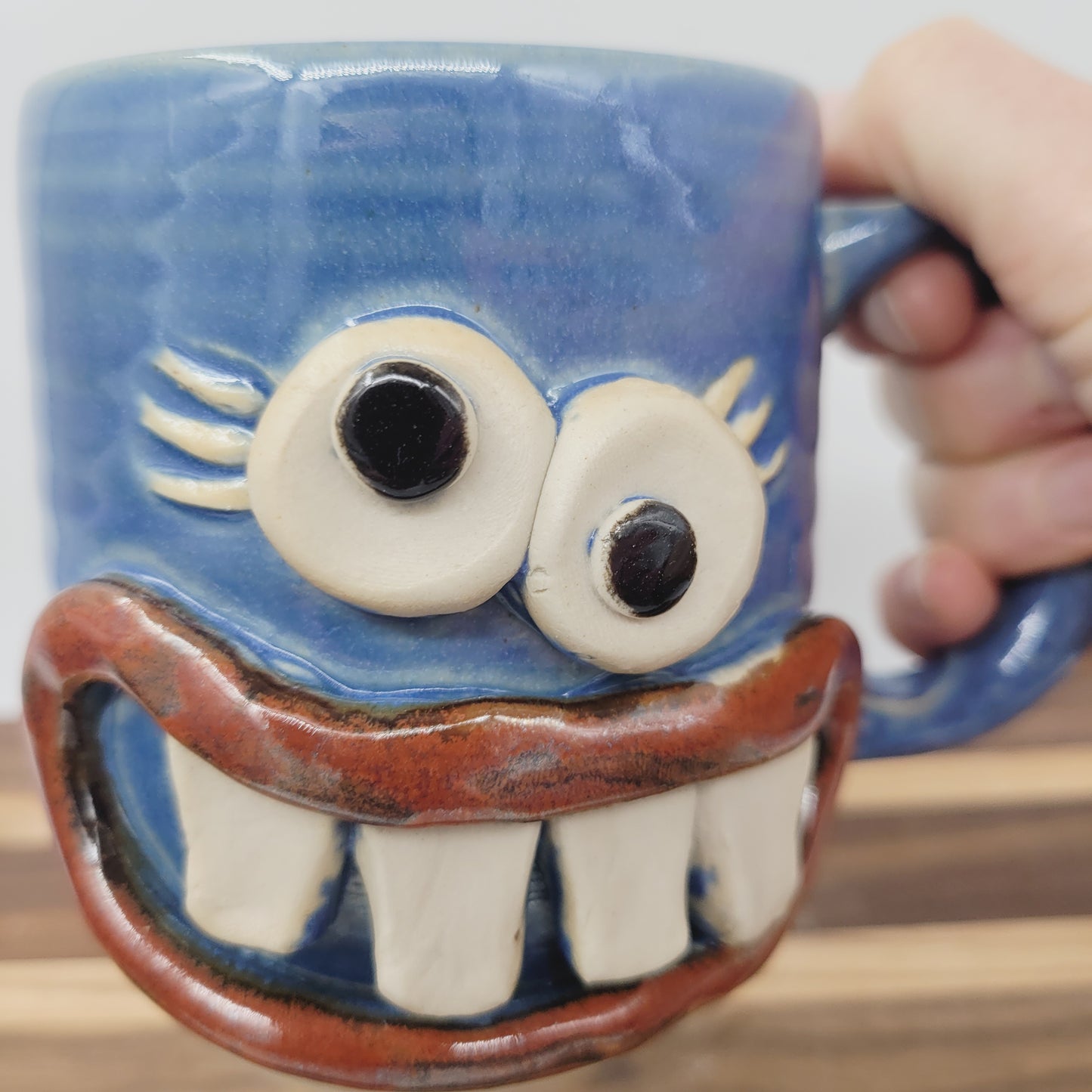 MONDAY Morning Mug | LEFT-HANDED | Funny Face Coffee Cup | Blue | Unique Handmade Stoneware Pottery