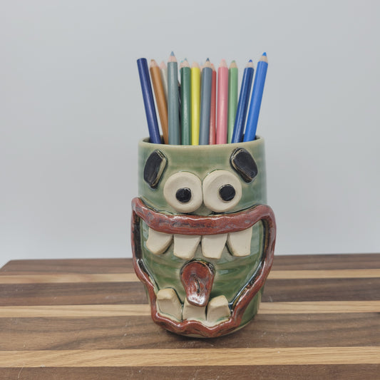 Toothbrush Holder | Pencil or Pen Cup | Desktop Organizer | Smiley Face | Green