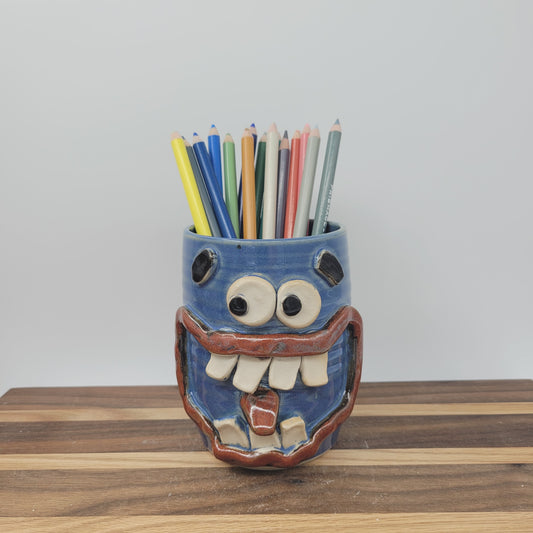 Toothbrush Holder | Pencil or Pen Cup | Desktop Organizer | Smiley Face | Blue