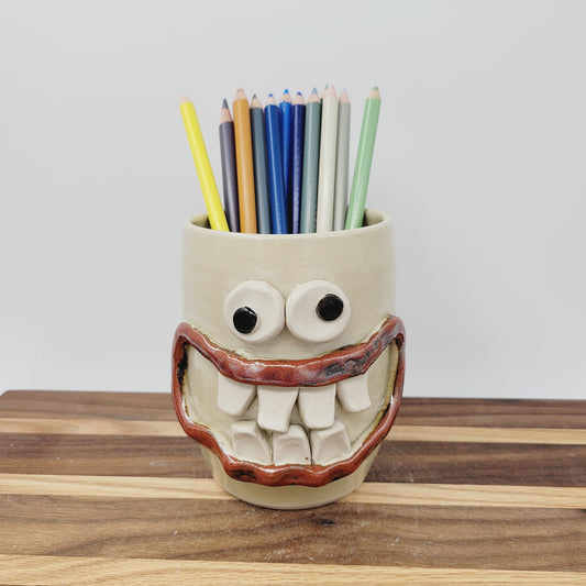 Toothbrush Holder | Pencil or Pen Cup | Desktop Organizer | Smiley Face Tumbler | Cream