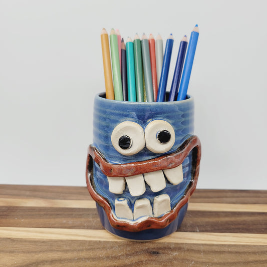 Toothbrush Holder | Pencil or Pen Cup | Desktop Organizer | Smiley Face | Blue
