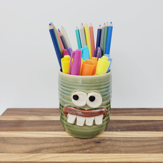 Toothbrush Holder | Pencil or Pen Cup | Desktop Organizer | Smiley Face | Green