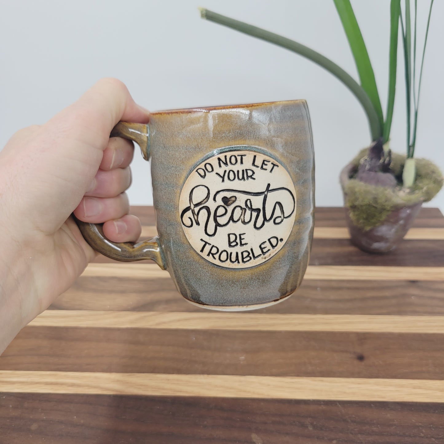 Do Not Let Your Hearts Be Troubled | Comforting Christian Coffee Cup | Bible Verse Mugs | Stoneware Pottery | Caramel Blue Brown