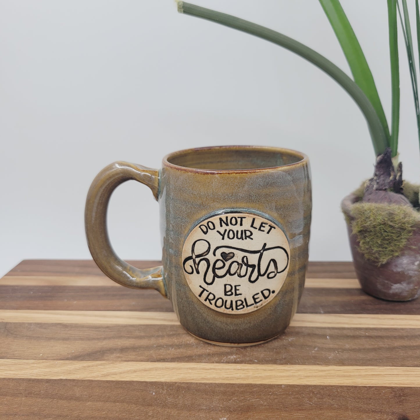 Do Not Let Your Hearts Be Troubled | Comforting Christian Coffee Cup | Bible Verse Mugs | Stoneware Pottery | Caramel Blue Brown