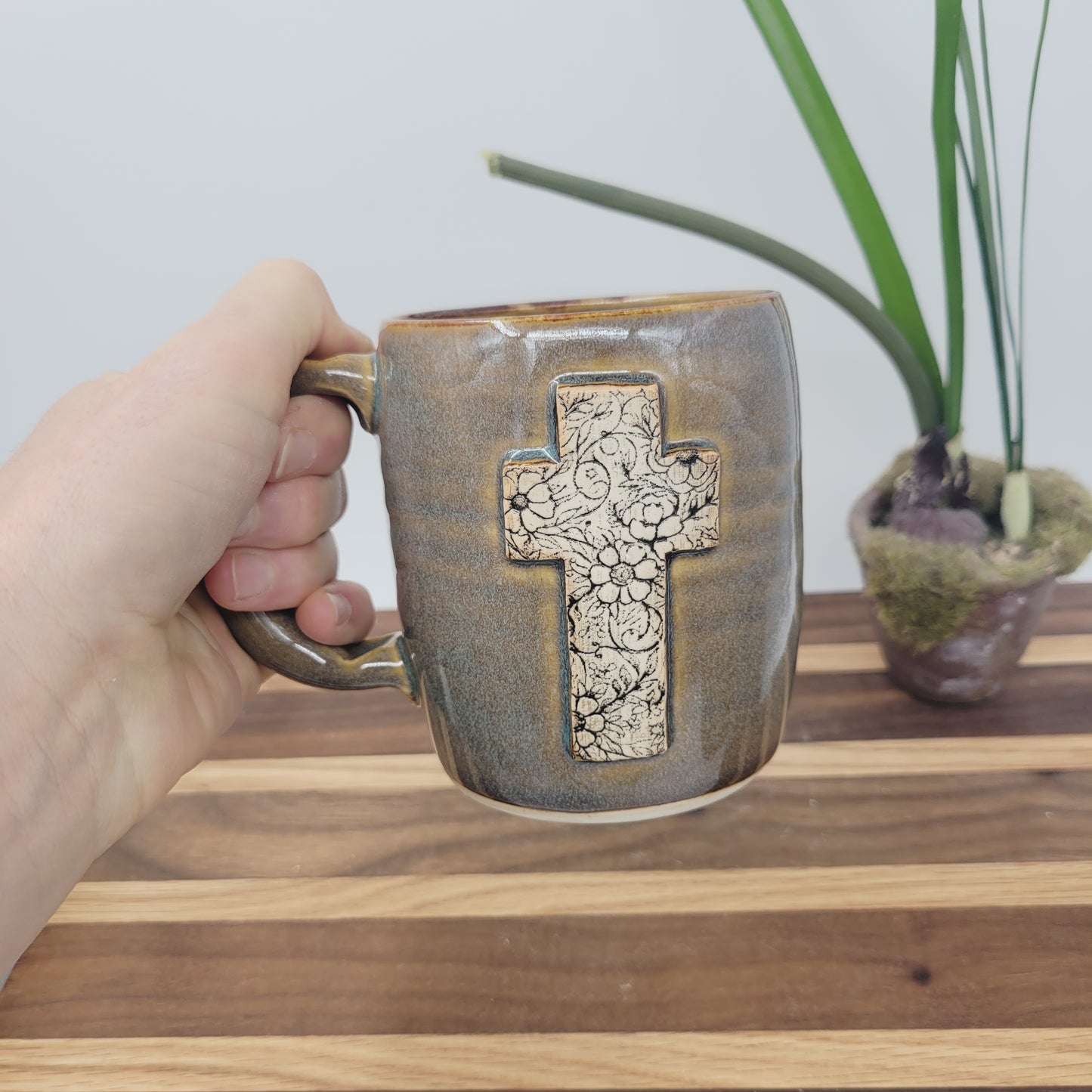 Cross Coffee Cup with Delicate Floral Pattern | Christian Mug | Easter Morning | Caramel Blue Brown