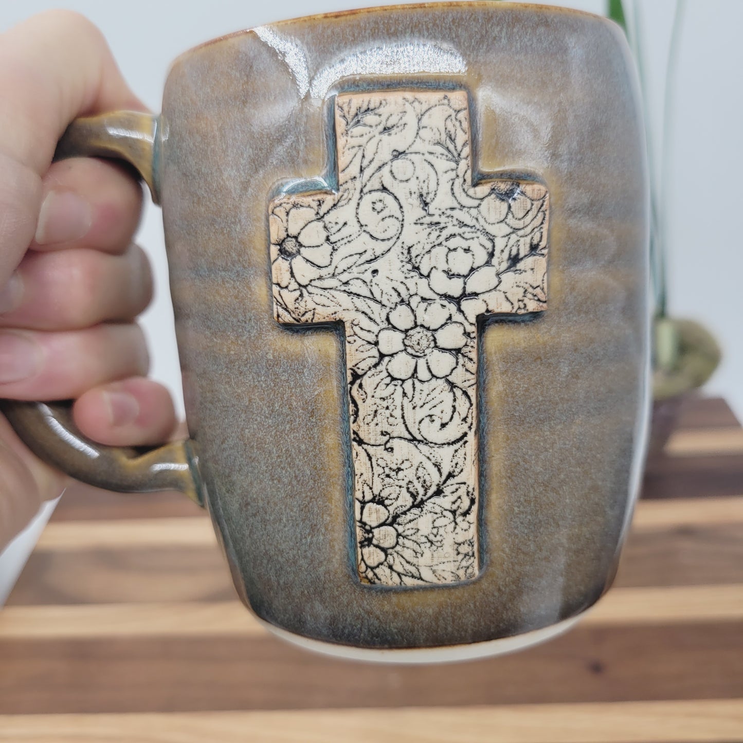 Cross Coffee Cup with Delicate Floral Pattern | Christian Mug | Easter Morning | Caramel Blue Brown