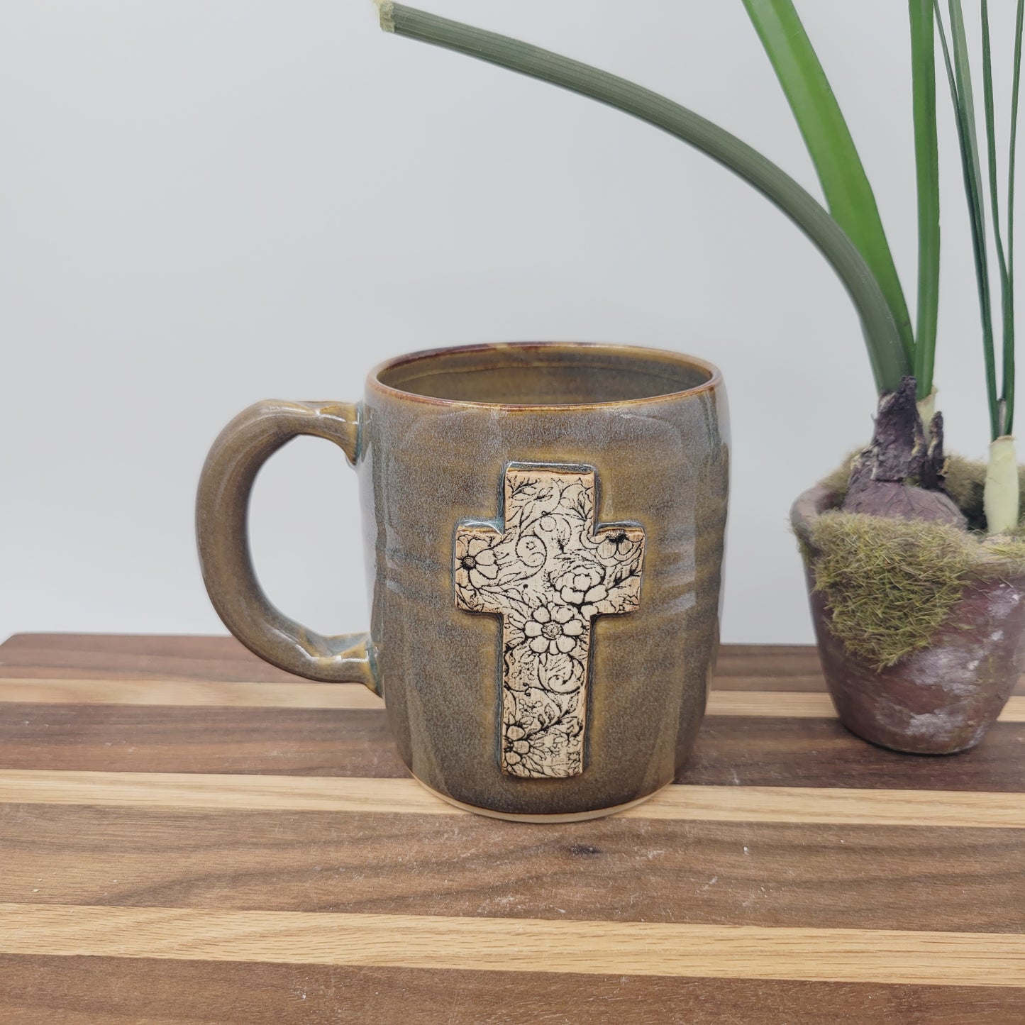 Cross Coffee Cup with Delicate Floral Pattern | Christian Mug | Easter Morning | Caramel Blue Brown