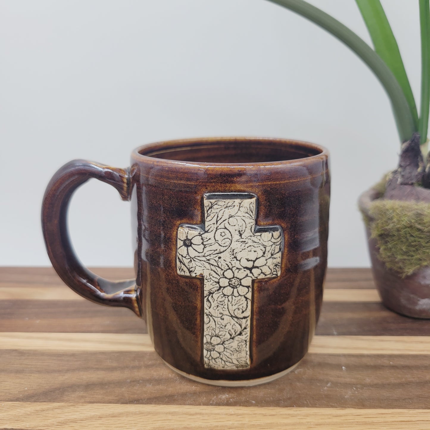 Cross Coffee Cup with Floral Pattern | Christian Mug | Easter Morning | 12 Ounces | Black