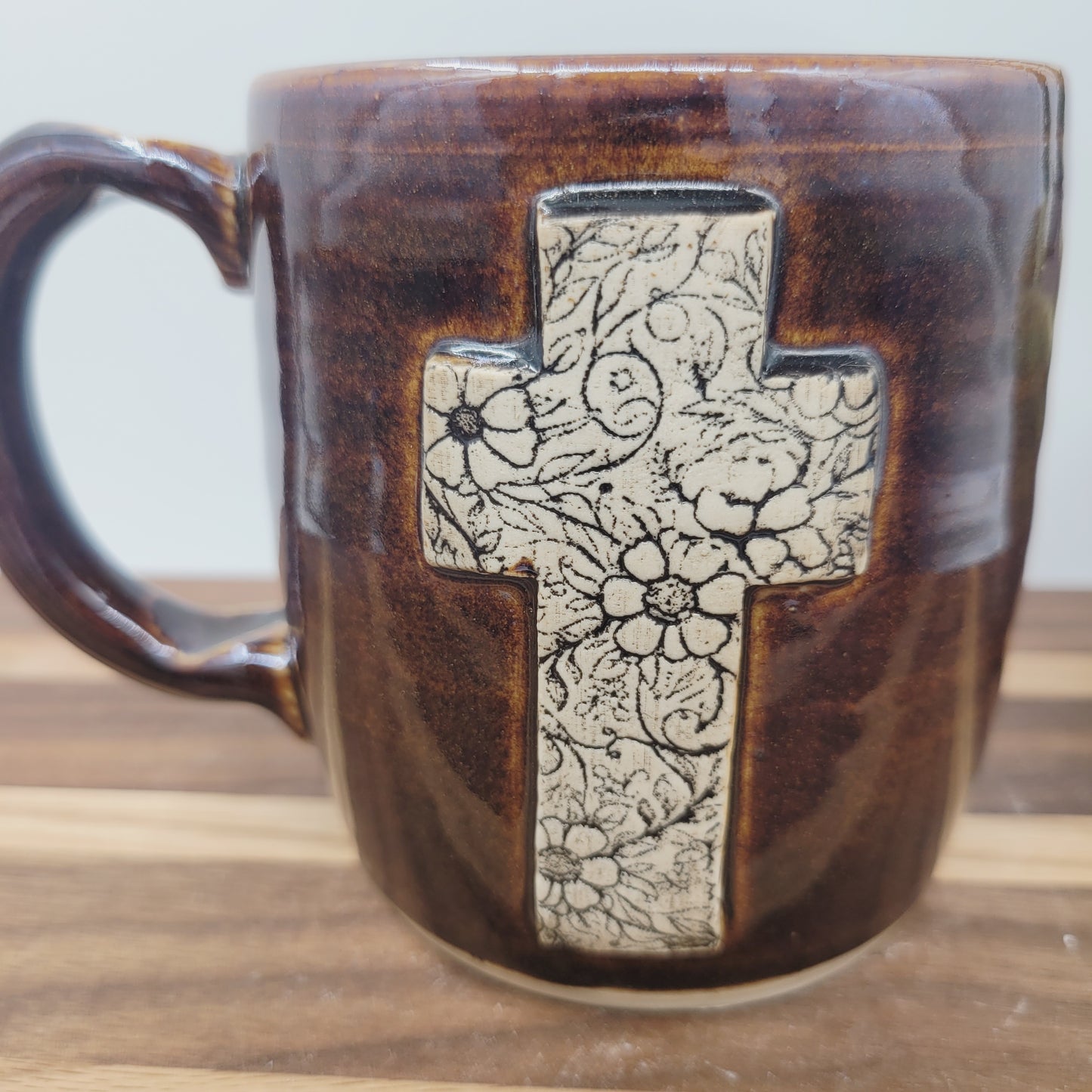 Cross Coffee Cup with Floral Pattern | Christian Mug | Easter Morning | 12 Ounces | Black
