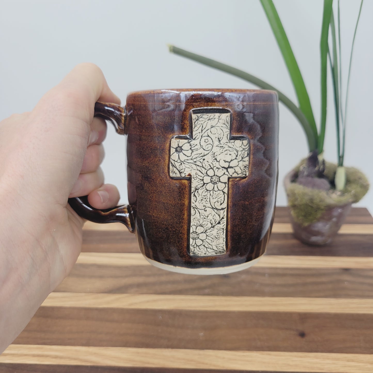 Cross Coffee Cup with Floral Pattern | Christian Mug | Easter Morning | 12 Ounces | Black