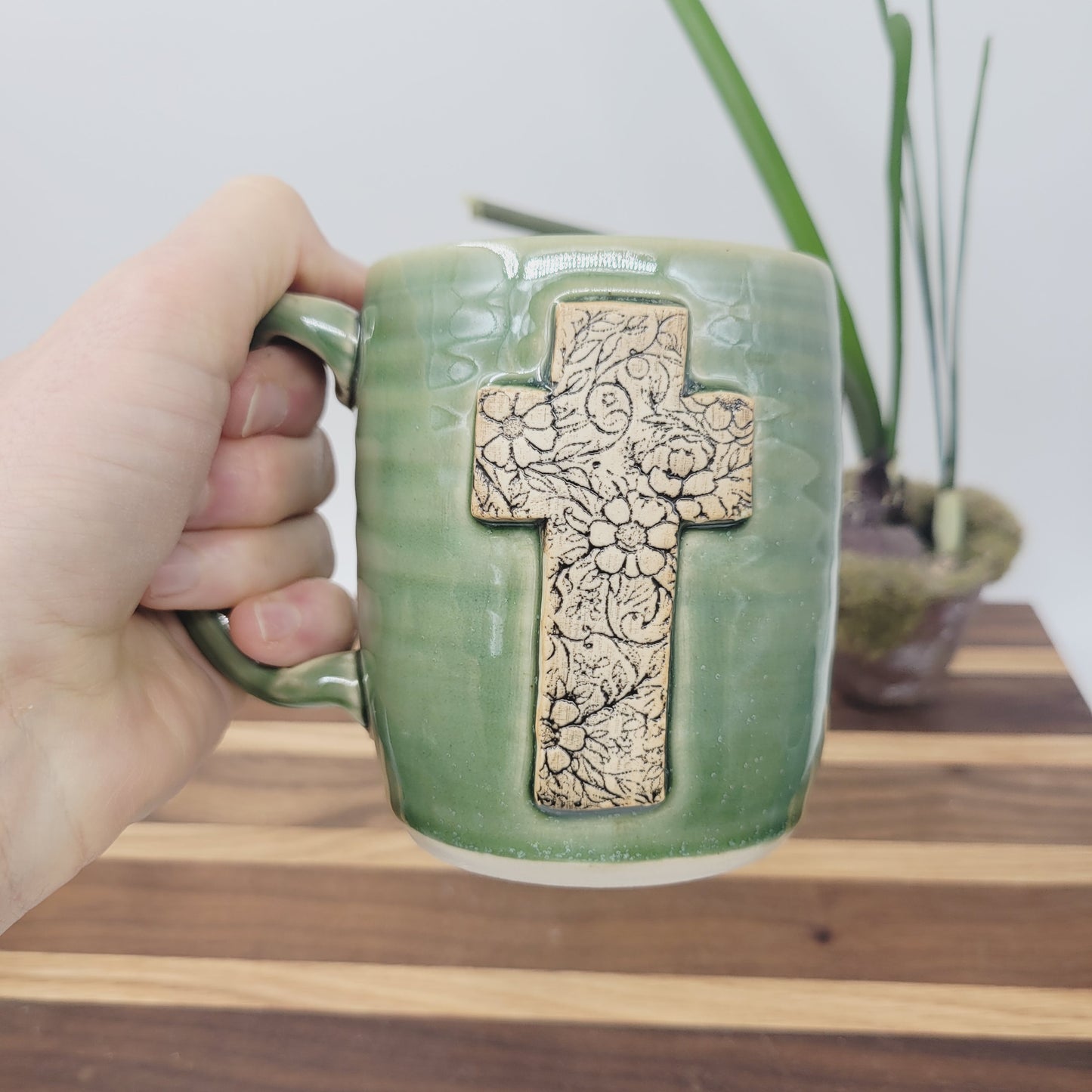 Rustic Floral Cross Coffee Cup | Christian Mug | Easter Morning | Green | 10 Ounces