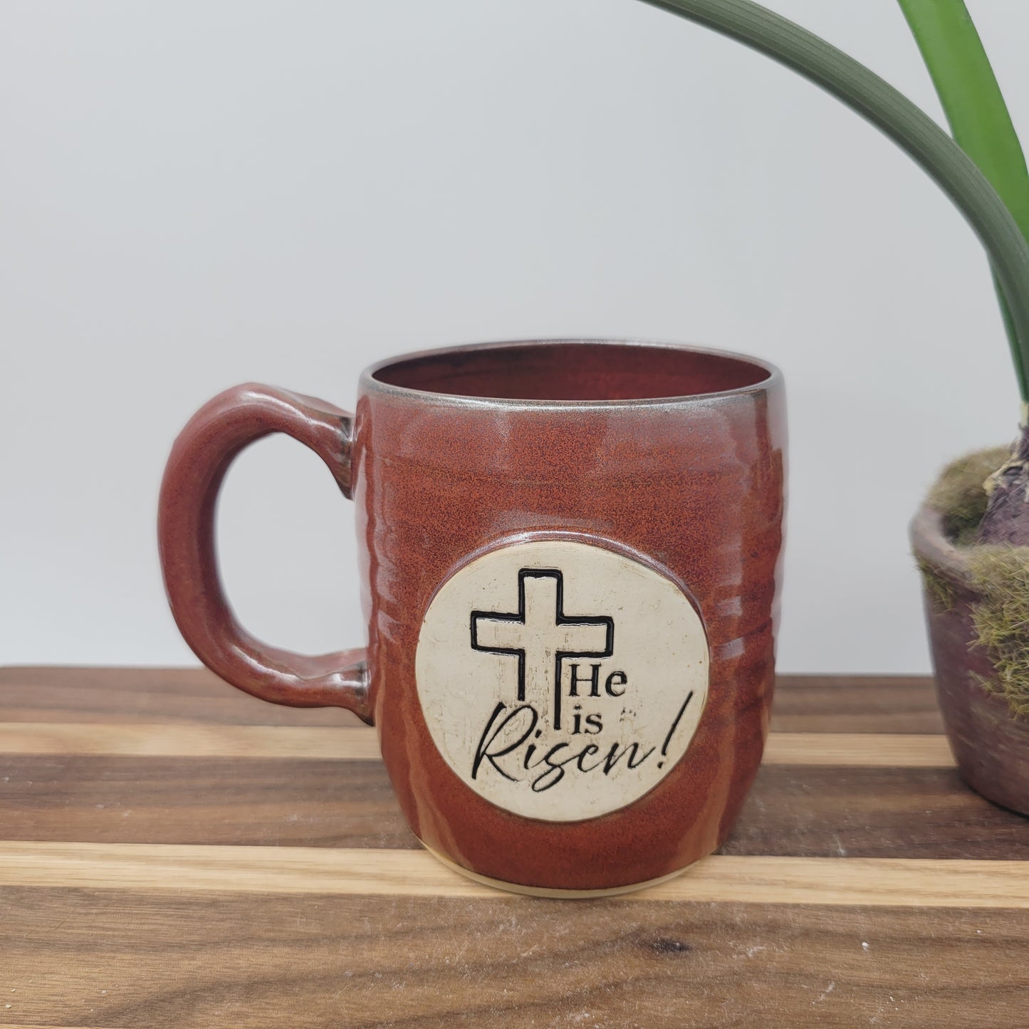 Easter Mug | Handmade Pottery Coffee Cup | He is Risen! | Christian Gifts | Brick Red