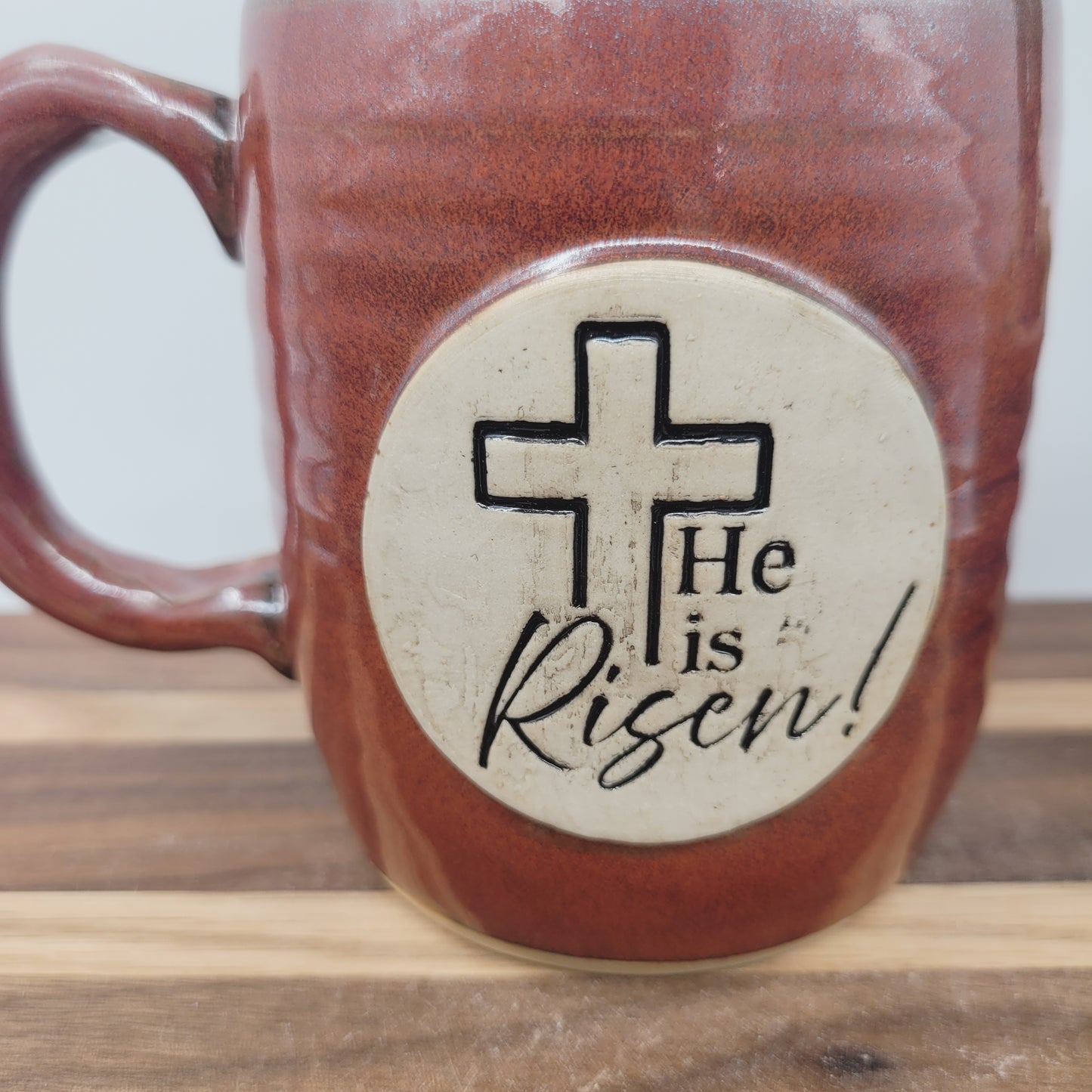 Easter Mug | Handmade Pottery Coffee Cup | He is Risen! | Christian Gifts | Brick Red