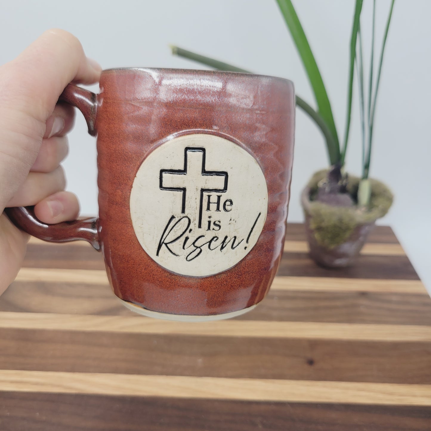 Easter Mug | Handmade Pottery Coffee Cup | He is Risen! | Christian Gifts | Brick Red