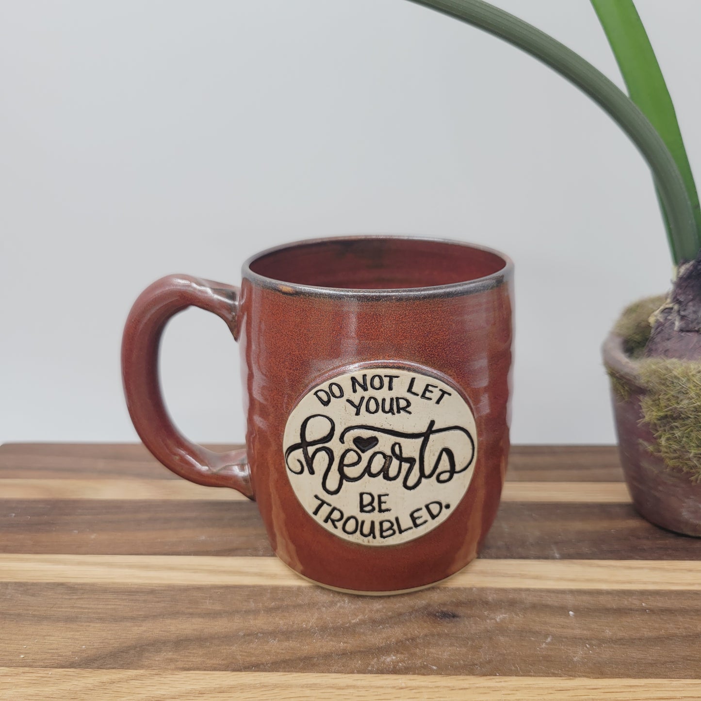 Do Not Let Your Hearts Be Troubled | Christian Coffee Cup | Bible Verse Mugs | Stoneware Pottery | Red | Handmade Unique Gifts
