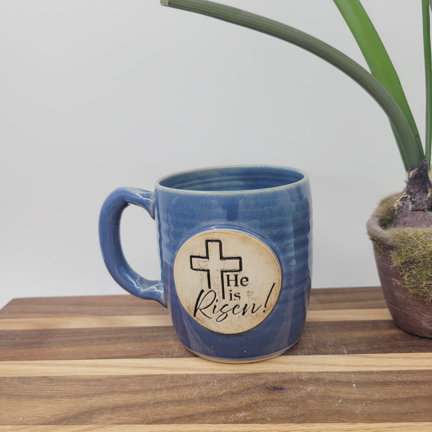 He Is Risen! Easter Mug | Handmade Pottery | Christian Coffee Cup | Blue