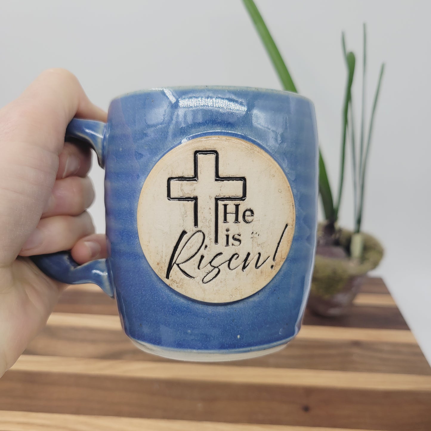 He Is Risen! Easter Mug | Handmade Pottery | Christian Coffee Cup | Blue