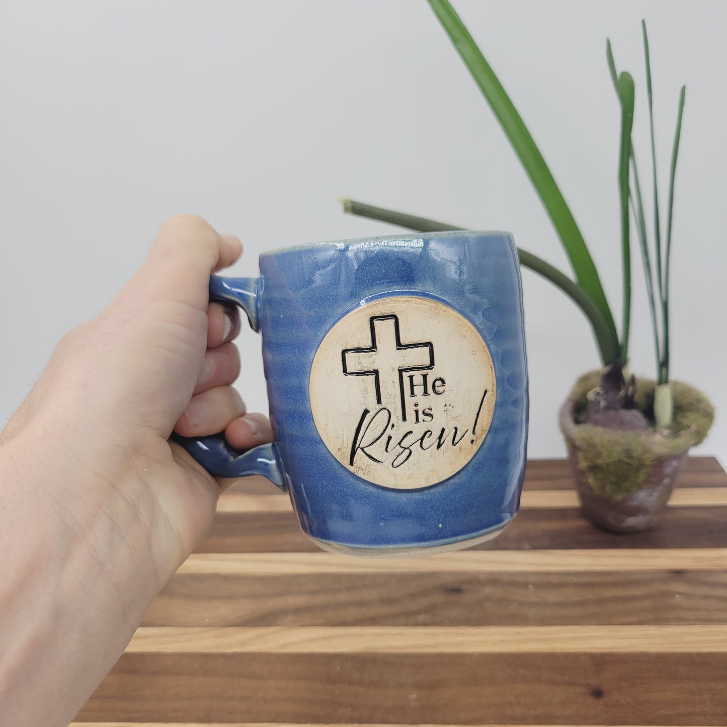 He Is Risen! Easter Mug | Handmade Pottery | Christian Coffee Cup | Blue