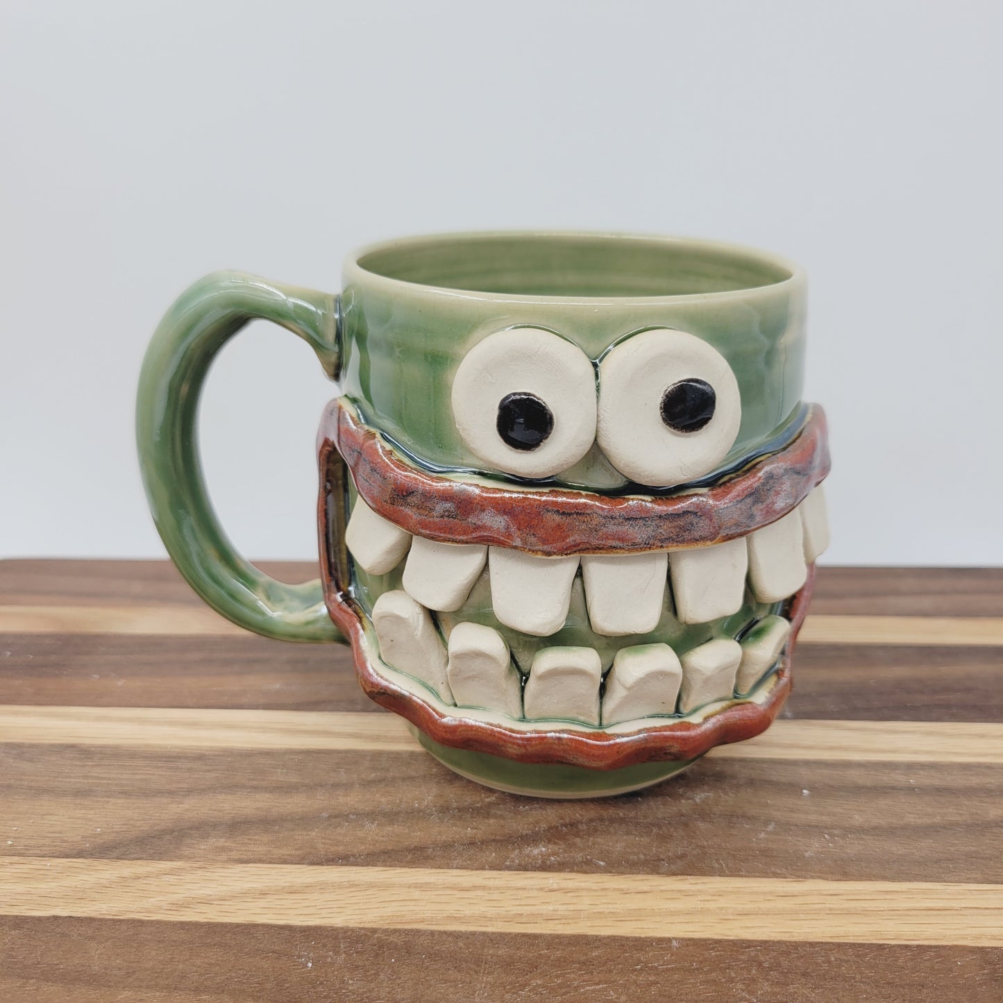Green Smiley Face Coffee Cup | Introvert Face Mug | Handmade Stoneware Pottery