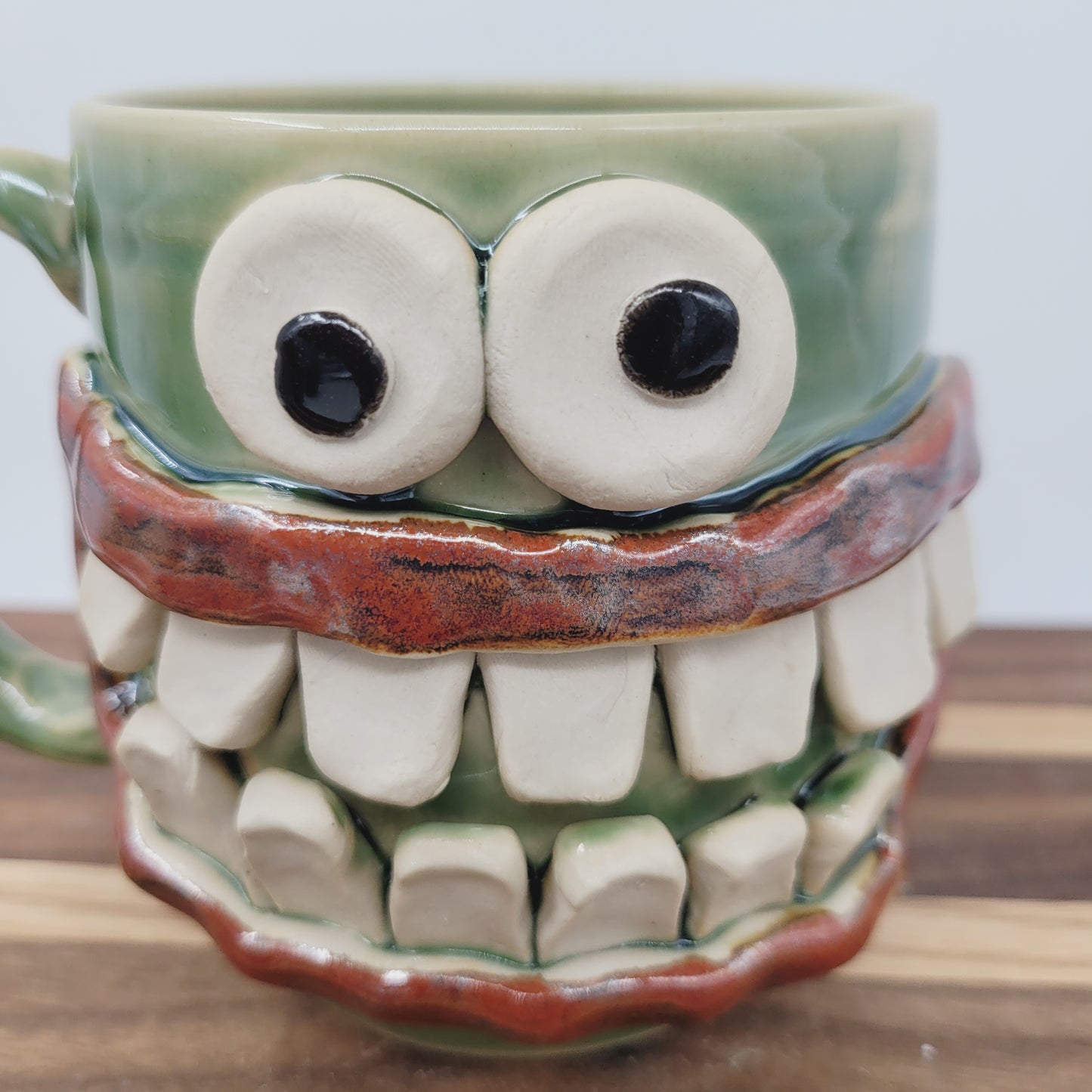 Green Smiley Face Coffee Cup | Introvert Face Mug | Handmade Stoneware Pottery