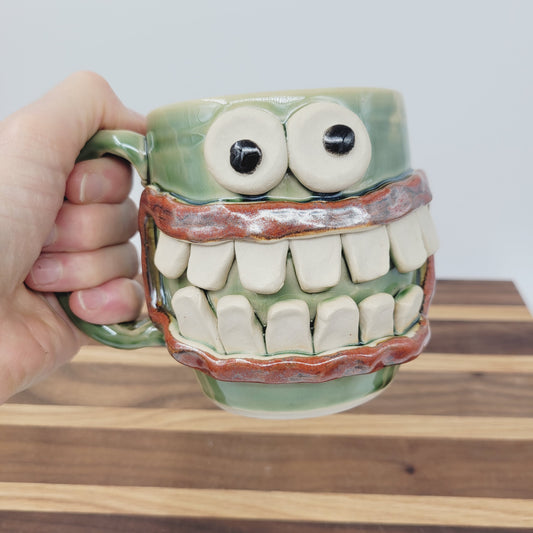 Green Smiley Face Coffee Cup | Introvert Face Mug | Handmade Stoneware Pottery