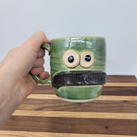 Bushy Mustache Mug | Ceramic Stoneware Pottery Coffee Cup | Microwave Dishwasher Safe | Green