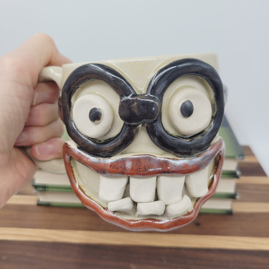 Funny Coffee Cup | Glasses Wearer Smiley Face Mug | Handmade Stoneware Pottery | Fun Gift Idea