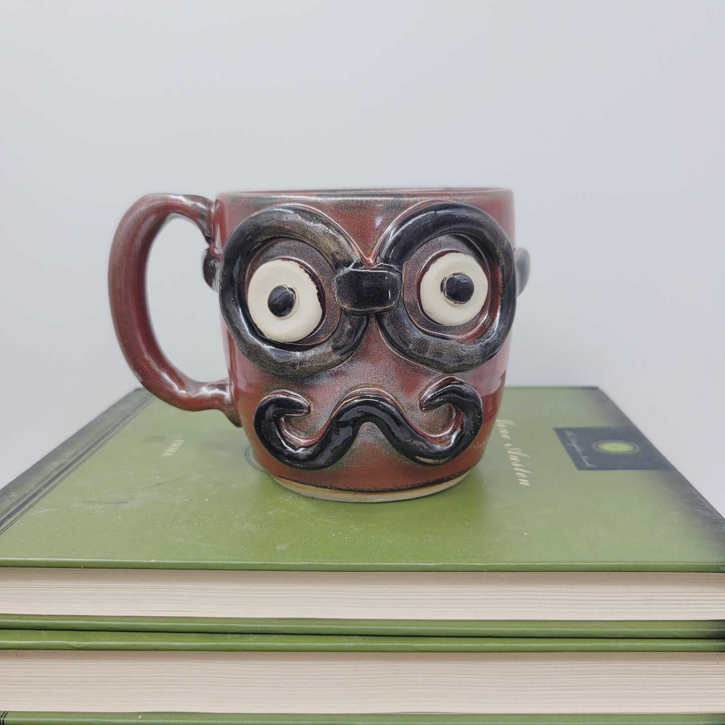 Handmade Man's Face Mug | Red Coffee Cup with Handlebar Mustache and Glasses